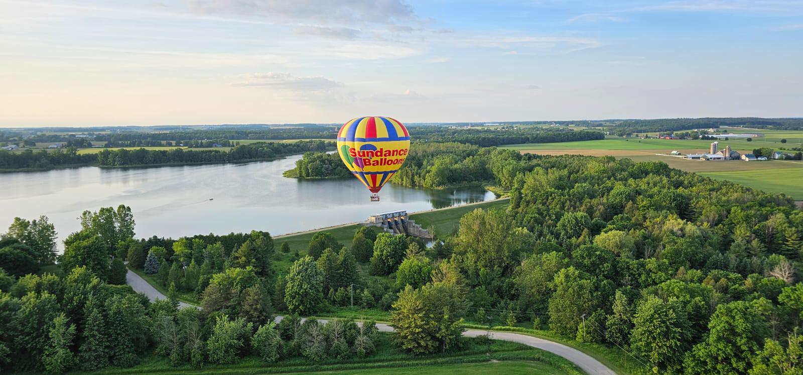Hot air balloon preparing for launch at sunrise in Ontario